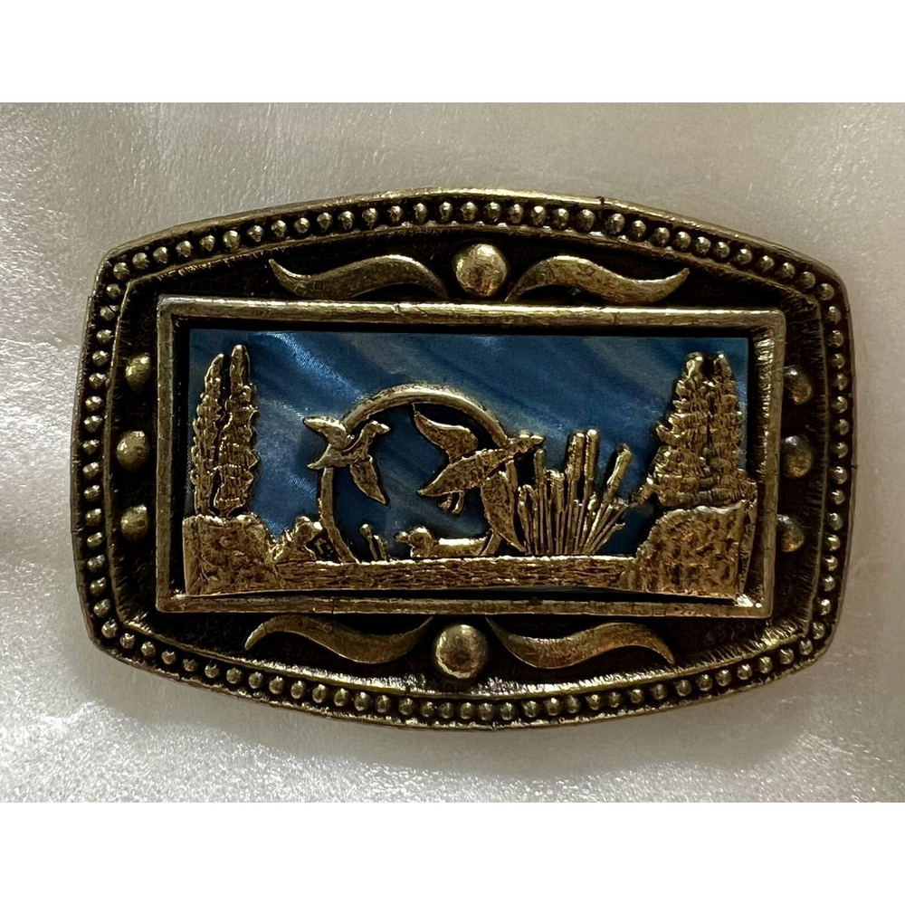 Vintage Duck Woods Pond Scene Brass Belt Buckle